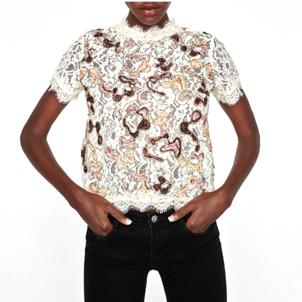 Zara Trafaluc Multicolor Embroidered Lace Top
Cream Sheer Swirl Squiggle Small